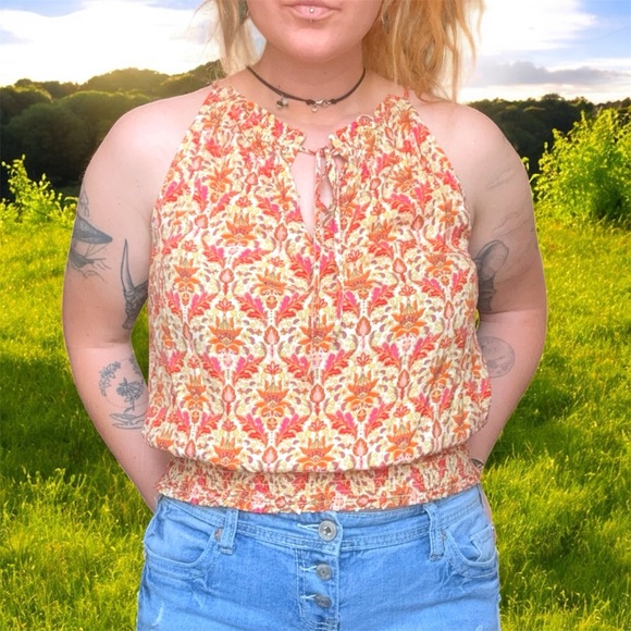 Rose + Olive Floral Halter Neck Top - Multicolor Bohemian Print Medium - Picture 2 of 9